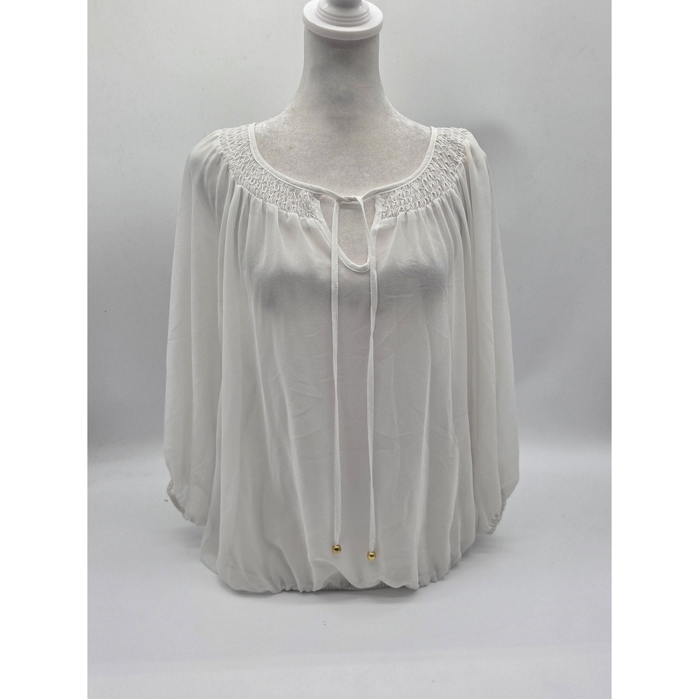 Ellen Tracy Women's L White Peasant Blouse Smocked Tie Neck 3/4 Sleeve 101-943